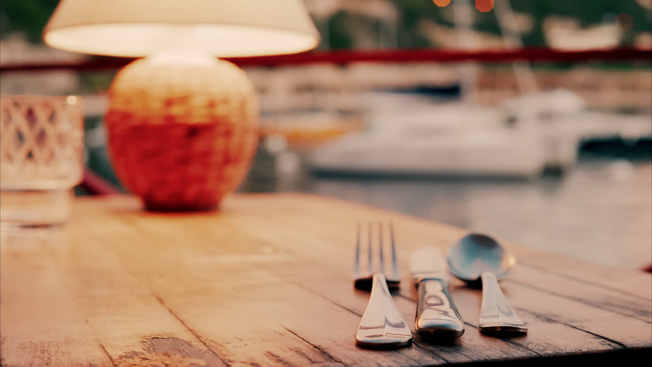 Close up view of a set table and the atmosphere at a restaurant near a port in the south of France