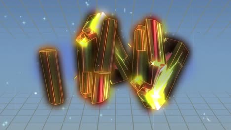 Animation-of-glowing-gold-block-spinning-over-metaverse-grid