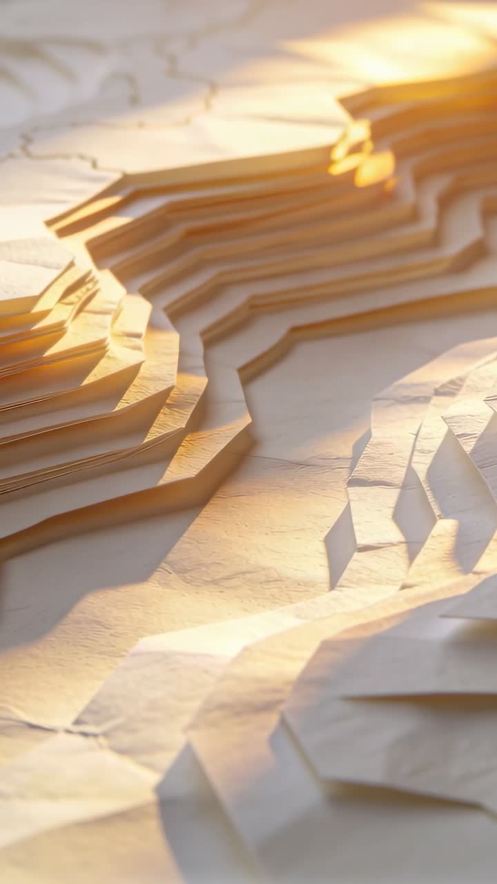 Vertical video: Moving camera revealing layered paper model on table, creases contours light blur