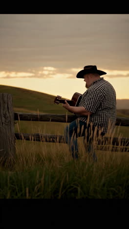 country musician playing guitar at sunset