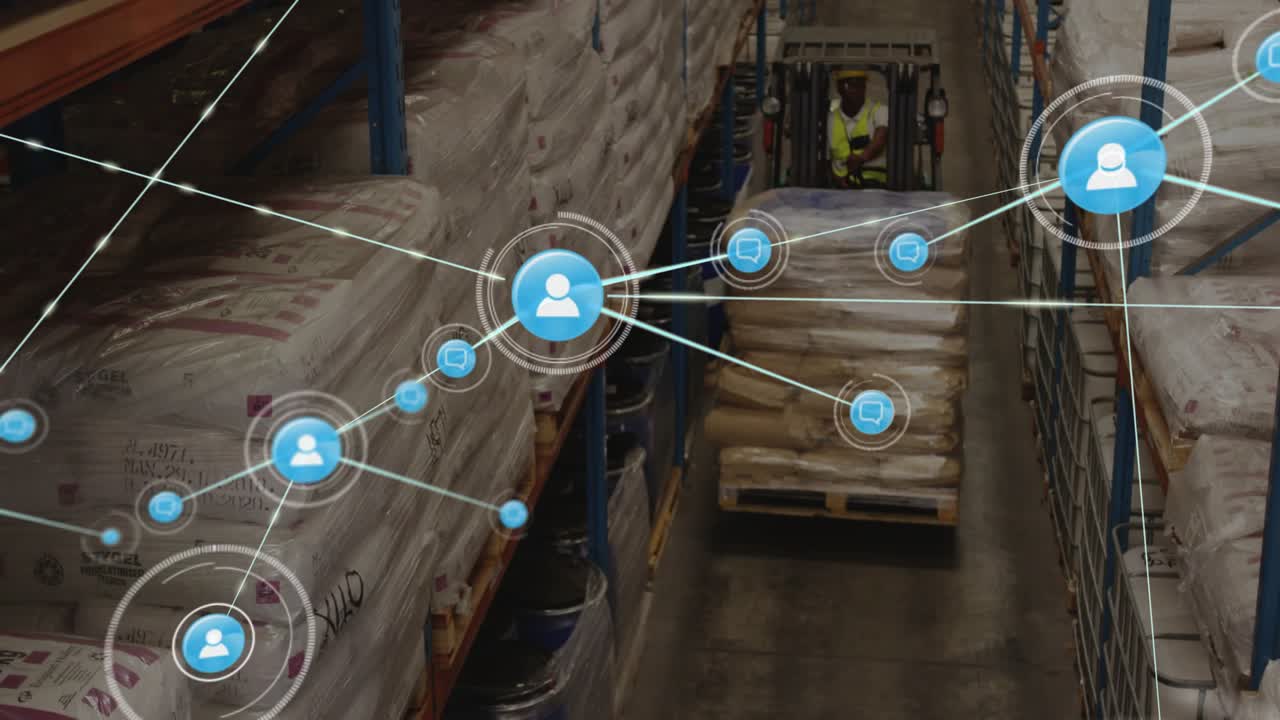 Forklift operator moving pallet down aisle, user icon appearing and expanding network for logistics