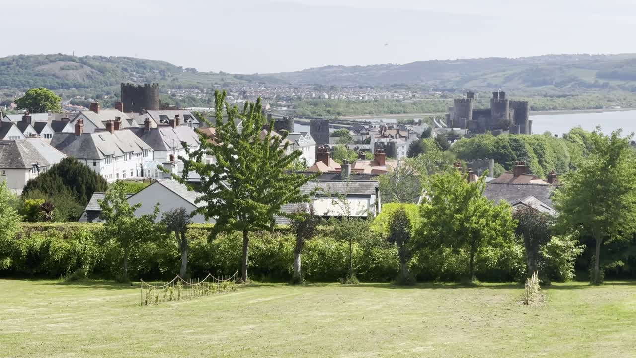 View onto Conwy Castle, Conwy Town and Bay of Conwy on a beautiful sunny summers day - North Wales