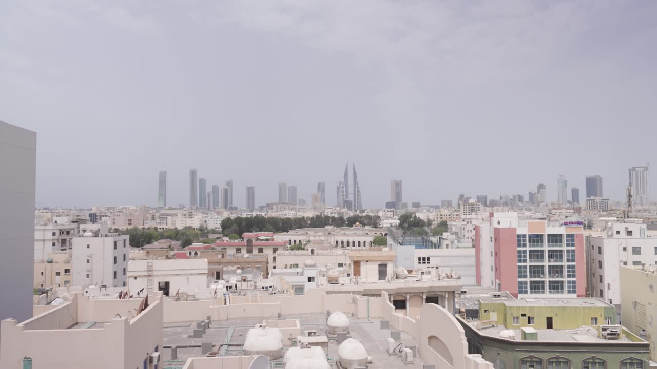 Downtown skyline of Manama city in Bahrain, reveal shot