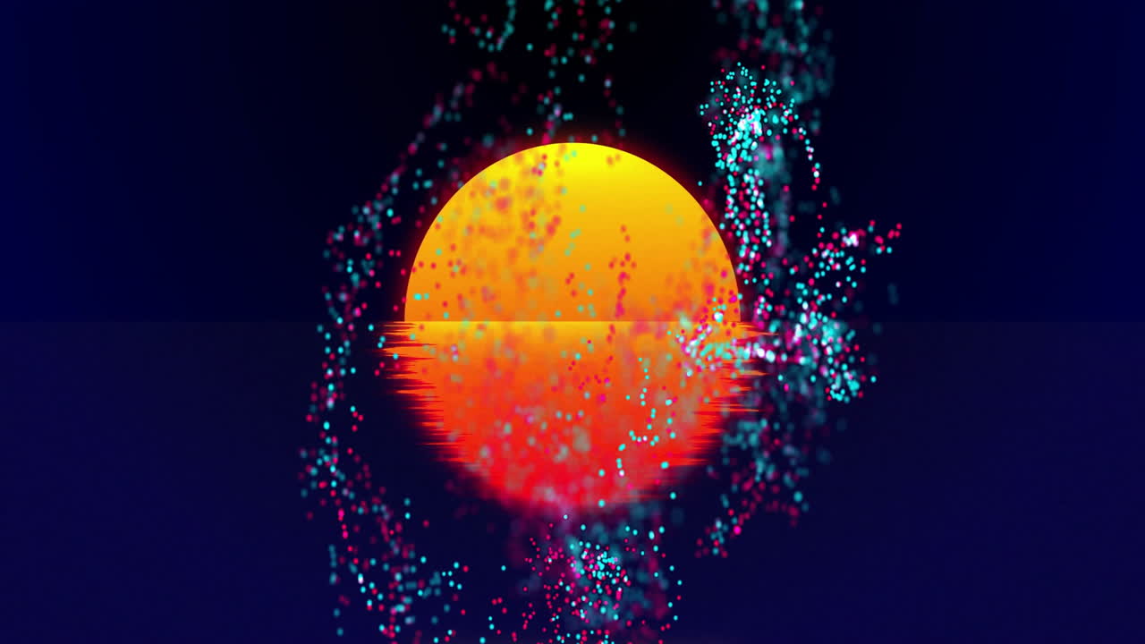 Animation of bright orange sun reflecting on water with colorful particles around
