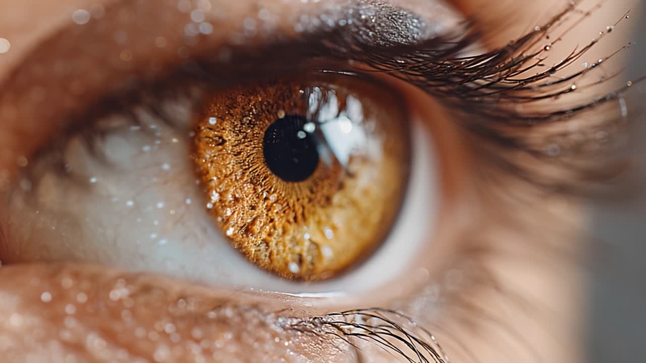 Primo piano accattivante di un occhio con una splendida iride ambrata e lunghe ciglia, che mette in risalto disegni intricati e texture uniche in una prospettiva macro.