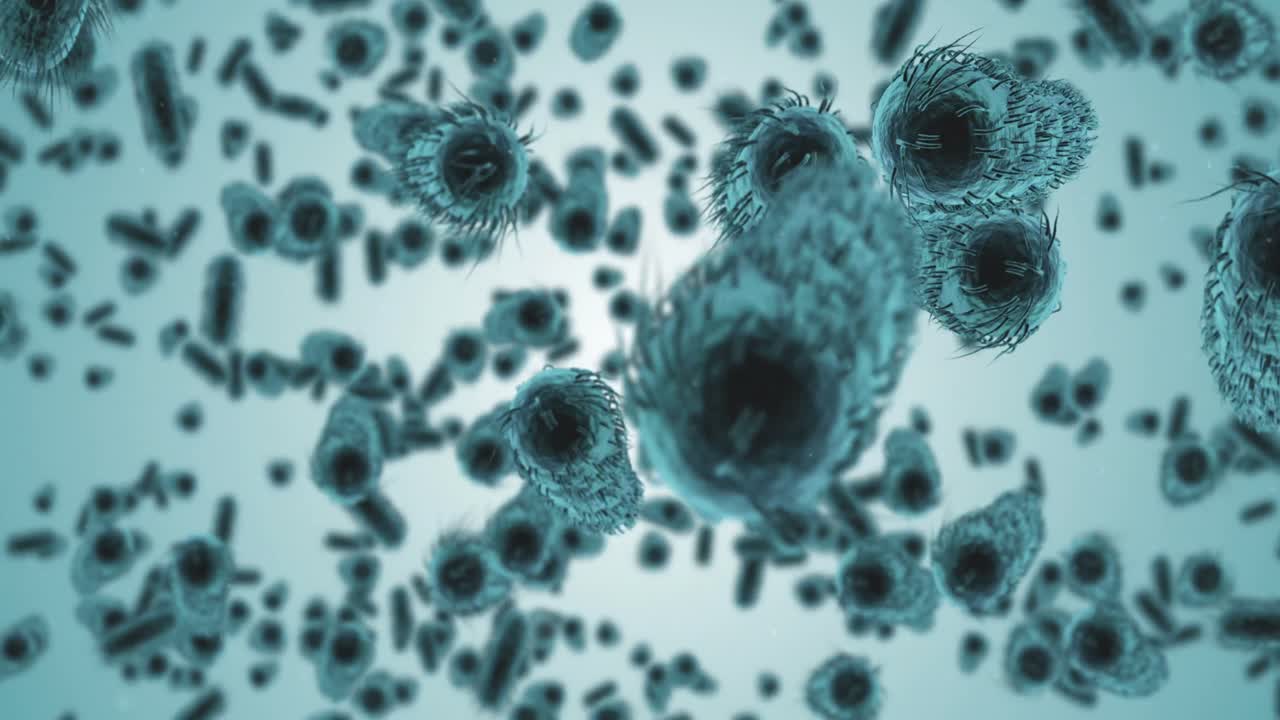células de bacterias generadas digitalmente que fluyen contra un fondo azul