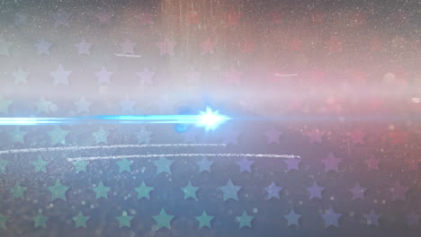 animación de texto de procesamiento de datos, fuegos artificiales sobre la bandera de los estados unidos