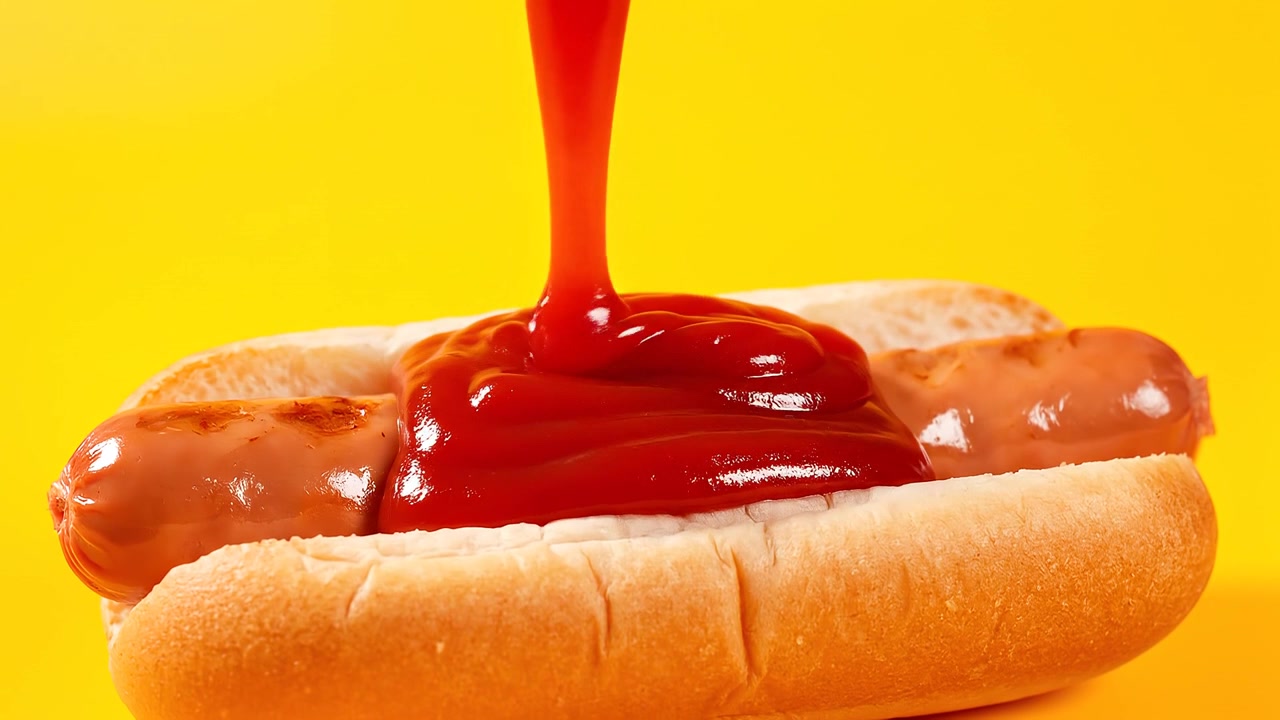 Ketchup gießt auf einen gegrillten Hotdog auf gelbem Hintergrund