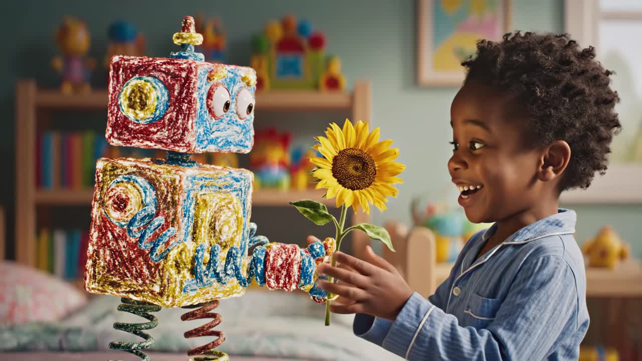 Uma criança recebe um girassol de um brinquedo robô