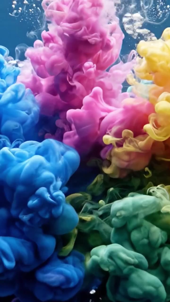 Visual yang Memikat dari Awan Tinta Berwarna-warni yang Menyatu di Bawah Air: Tampilan Indah Warna-warna Cerah dan Dinamika Fluida dalam Gerakan