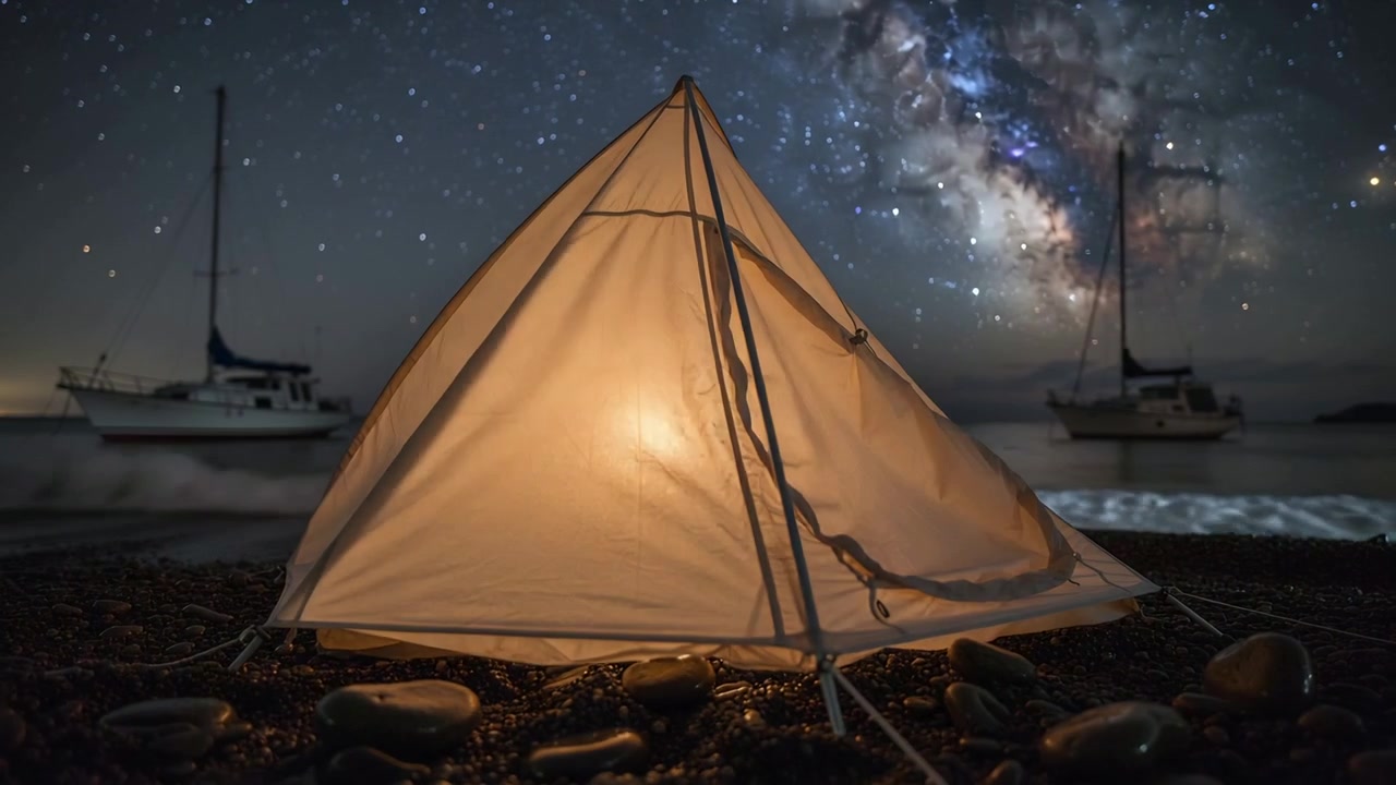 Timelapse che cattura una tenda con lanterna pulsante sui ciottoli di notte come riparo con barche ormeggiate