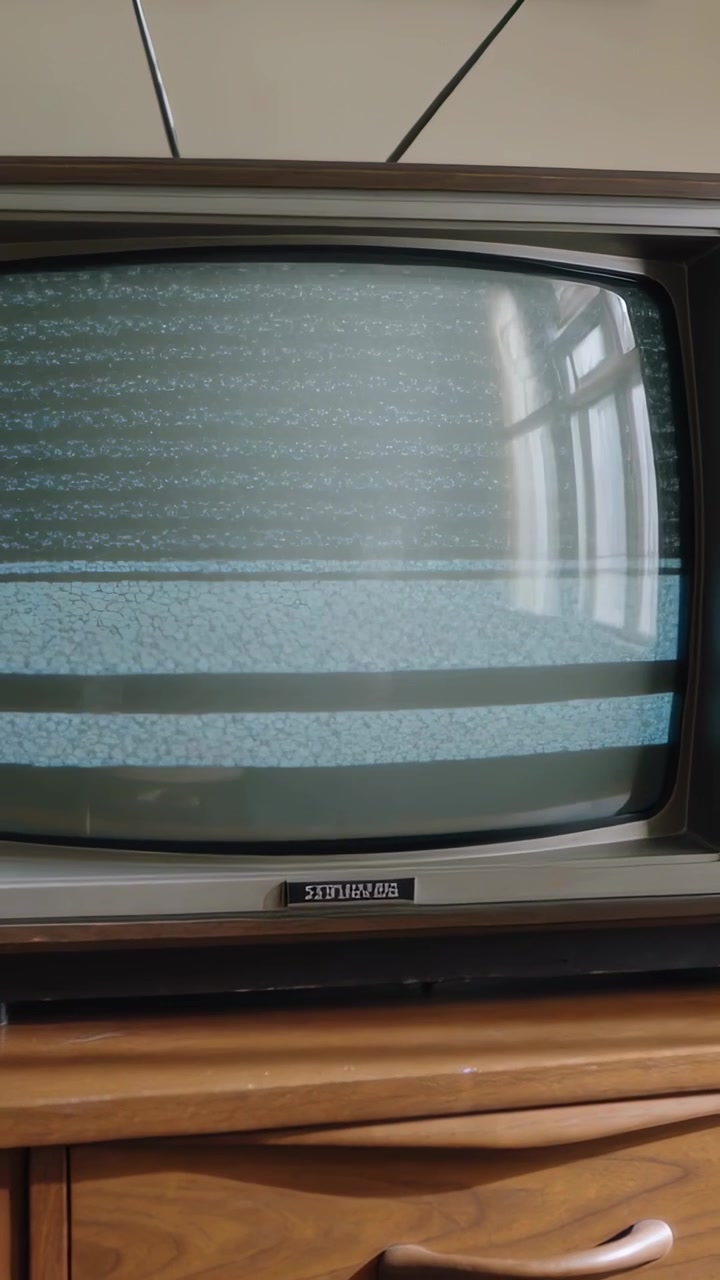 Video verticale: La telecamera registra una TV vintage che mostra bande blu che si spostano su una cassettiera, con il riflesso della finestra.