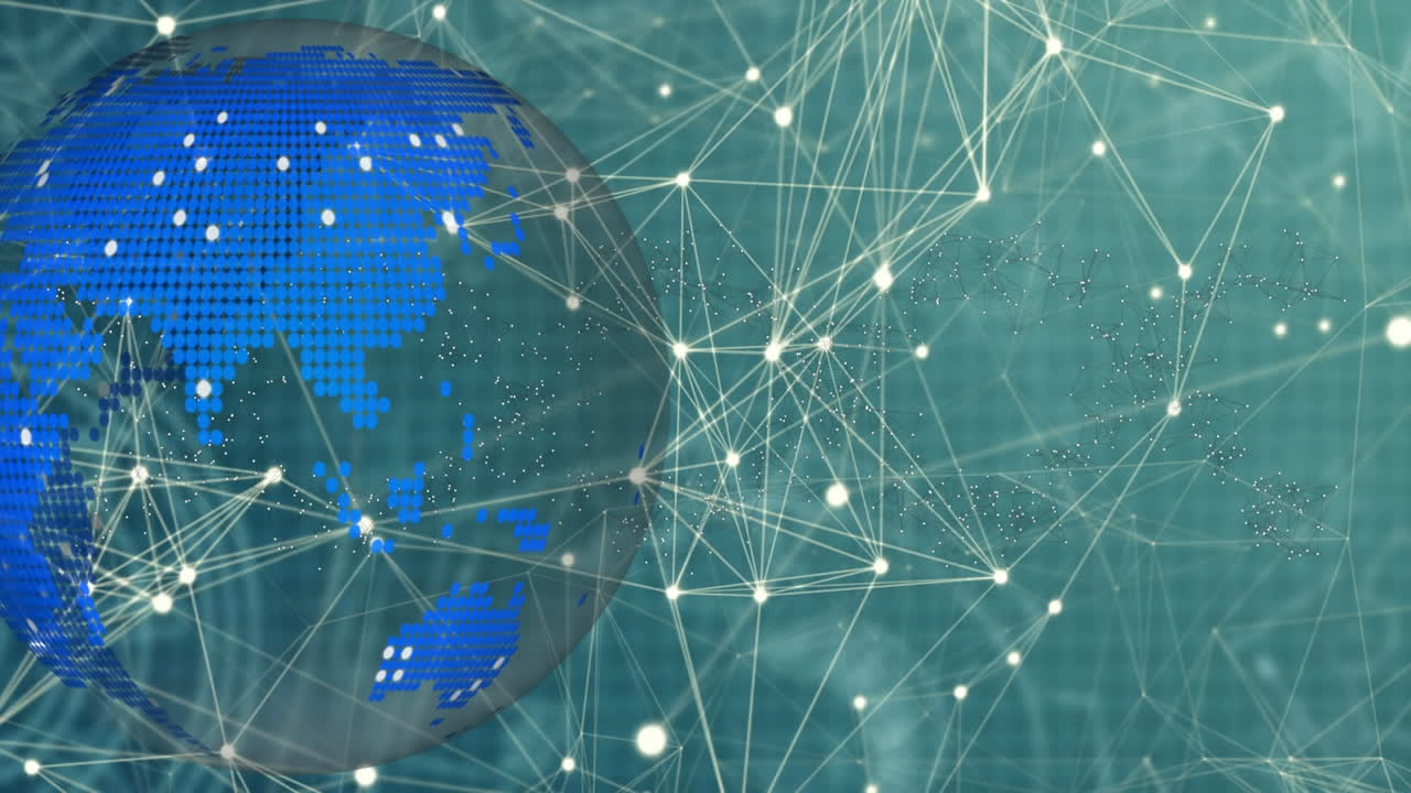 animación de redes de conexiones y globo sobre fondo azul