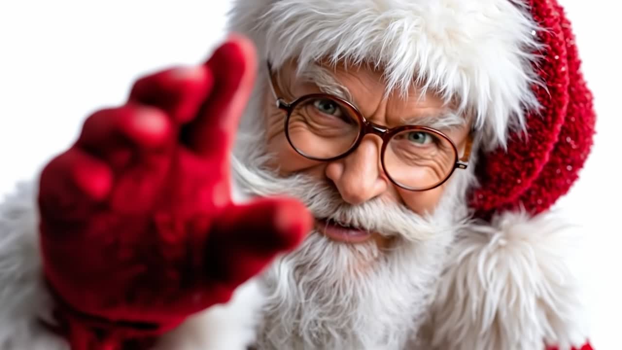 A man in a santa claus hat and glasses pointing at the camera