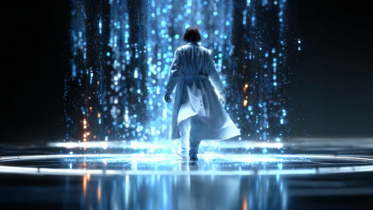 A mysterious figure in a long, flowing coat steps into a shimmering waterfall of blue light, surrounded by a halo of glowing particles, capturing the essence of a fantastical realm