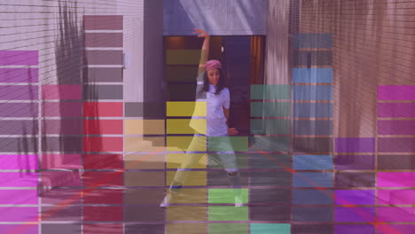 animación de columnas coloridas que se mueven sobre una mujer biracial bailando