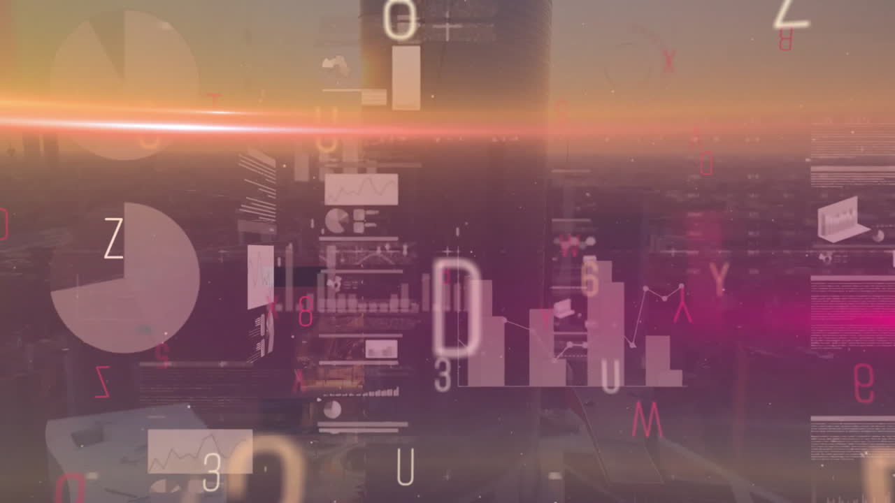 animación del procesamiento de datos financieros sobre el fondo del paisaje urbano