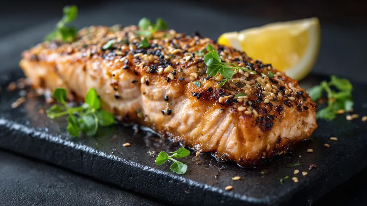 Deliciously Grilled Salmon Fillet with Sesame Crust and Fresh Herbs Served on a Slate Platter with a Slice of Lemon for an Elegant Culinary Presentation