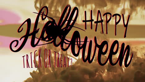 animation of happy halloween text and spider over yellow background