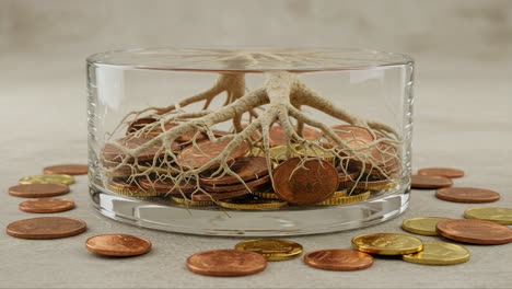 rooted wealth: a visual representation of financial growth and connection through the metaphor of roots entangled with coins in a transparent container