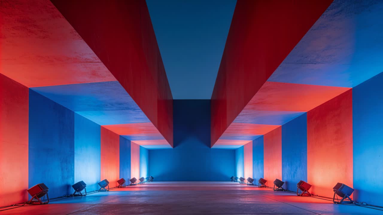 La telecamera si apre rivelando un corridoio illuminato che domina la galleria, mostrando travi, luci e sfumature di colore.