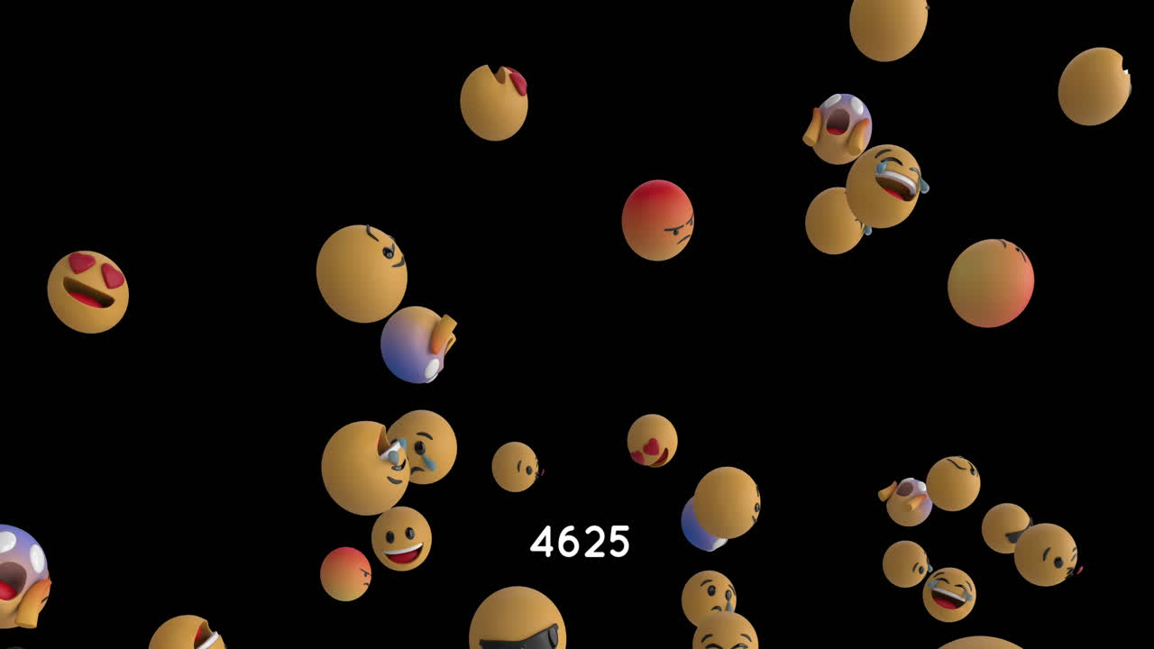 검은 바탕에 떠다니는 여러 얼굴 이모티콘 위에 둥근 빨간 배너의 숫자가 증가하고 있습니다.