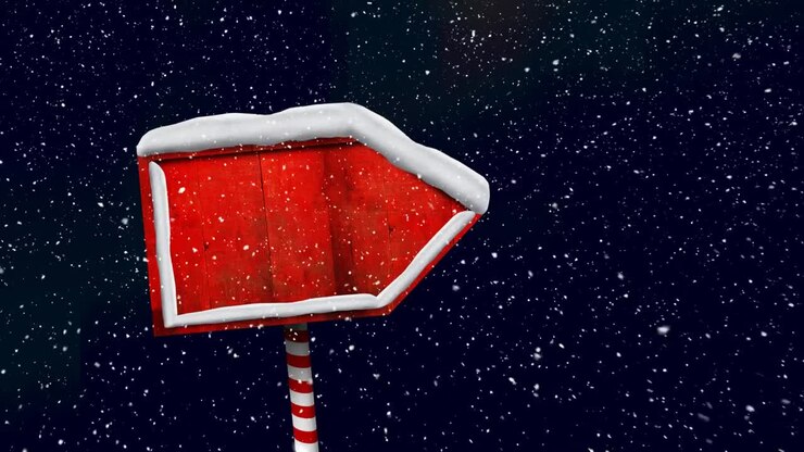 Animation of snow falling over red wooden sign with copy space