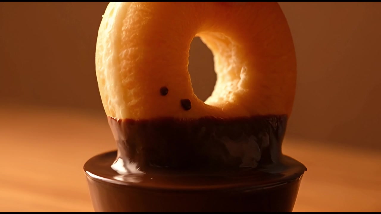 Immergere una ciambella fresca nel cioccolato fuso
