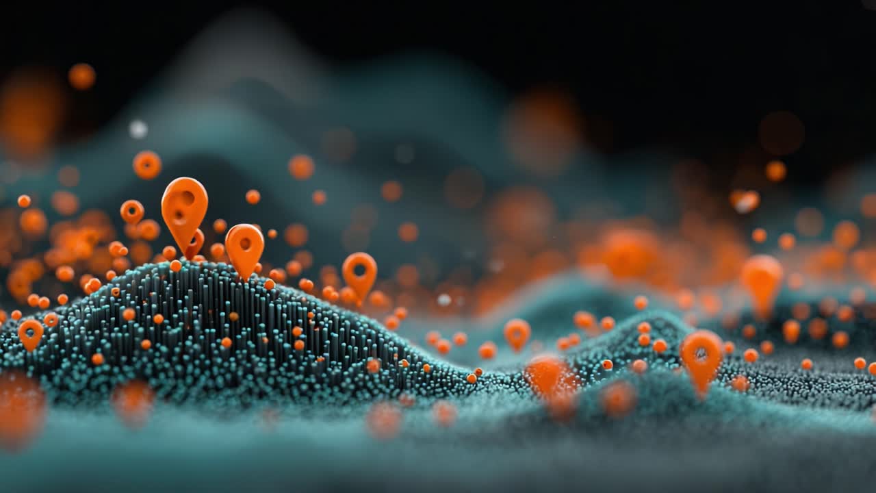 An Abstract Visualization of Geolocation Markers Over a Vibrant Landscape, Highlighting Orange Points Amidst a Textured Background of Blue and Green Tones