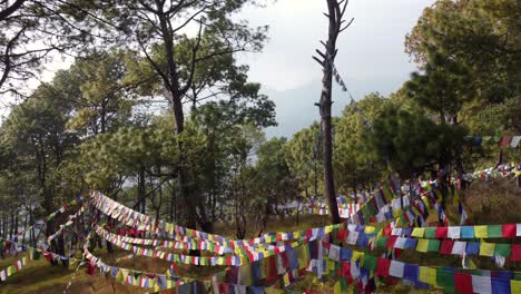 Flying-above-the-Buddhist-prayer-flags-strung-in-the-trees-on-the-top-of-a-hill