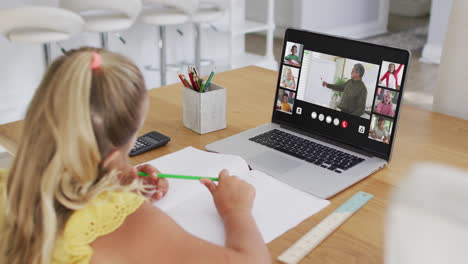 composite of girl using laptop for online lesson at home, with diverse teacher and class on screen