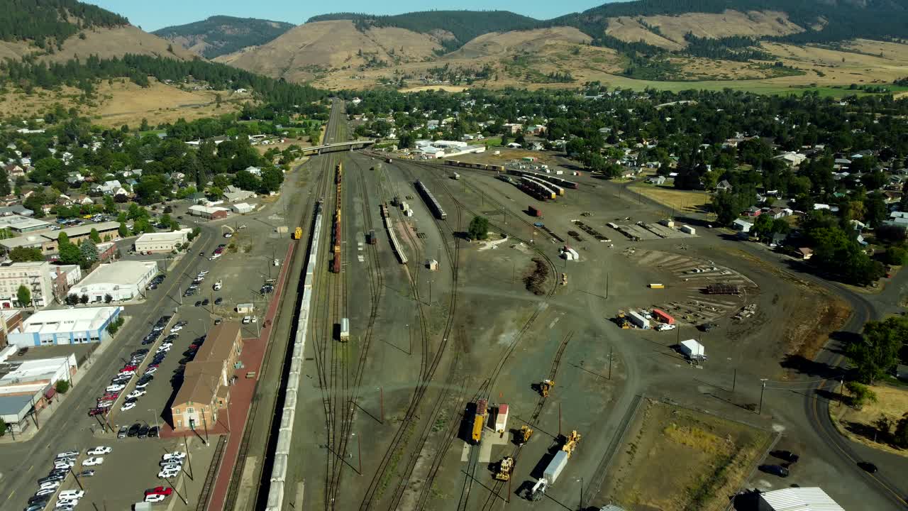 US, Oregon, La Grande, 2025-08-11 - Drone view of the Eagle Cap Excursion Train station