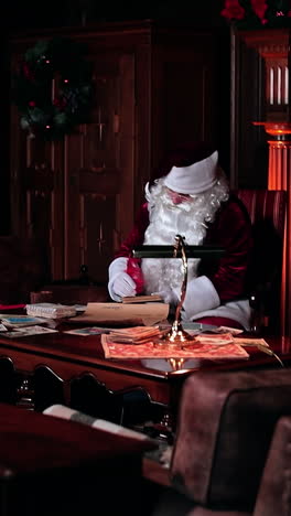 hardworking santa claus writing letters and christmas cards. adorable decorated interior with old furniture and fireplace backdrop. vertical video