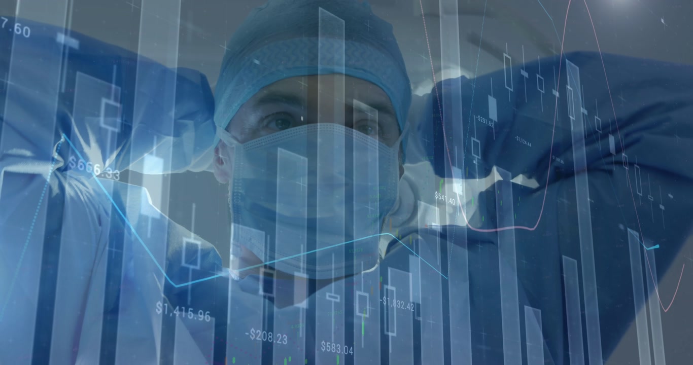 Animatie van de verwerking van financiële gegevens over een blanke dokter