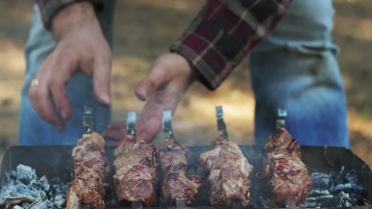 hombre asando carne barbacoa en la parrilla al aire libre. shish kebab en pinchos asados en un picnic
