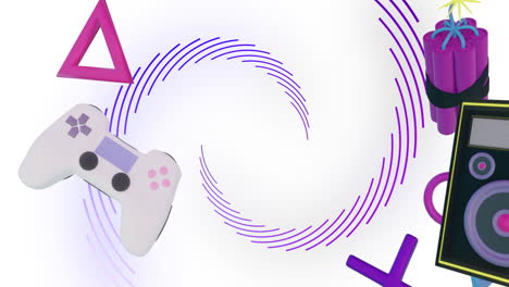 animation of game controllers, equipment and icons over purple spiral lines processing