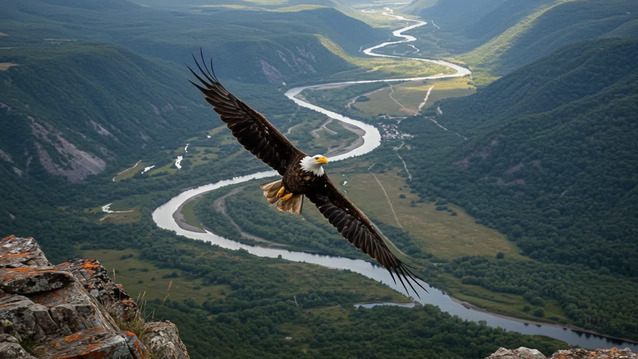 Majestic Eagle Soars Above Breathtaking Landscape, Capturing the Spirit of Freedom as It Glides Over the Meandering River and Lush Green Valleys in a Serene Natural Paradise