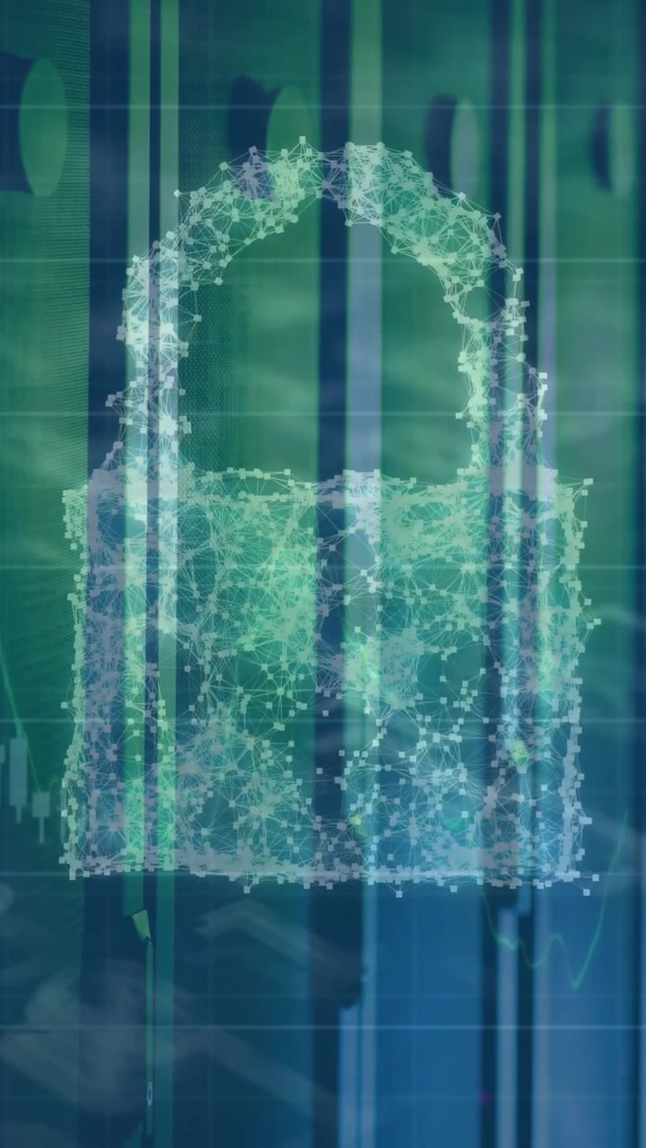 Animation of padlock and data processing over computer servers