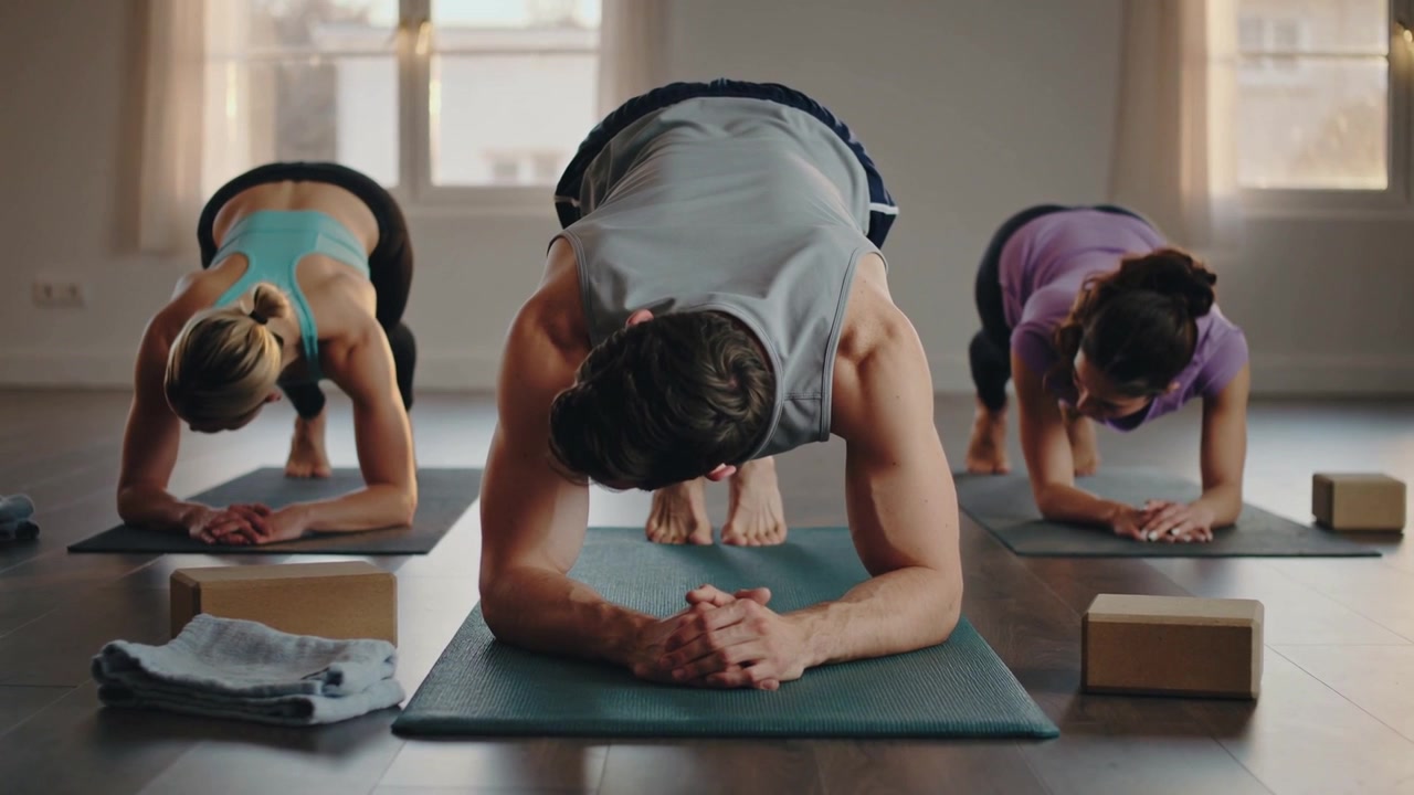 Ein Mann in grauem Oberteil hält auf Kommando die Plank-Position in einem Yoga-Studio, um seine Rumpfmuskulatur zu trainieren, umgeben von Matten, Blöcken und einem Handtuch.