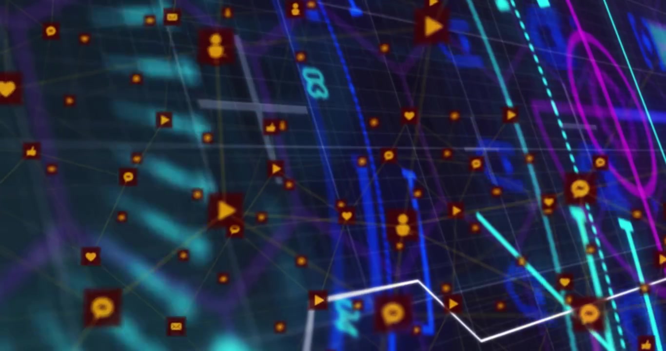 White arc sweeping, cyan beam cutting, orange icons pulsing, links shifting, showing network growth