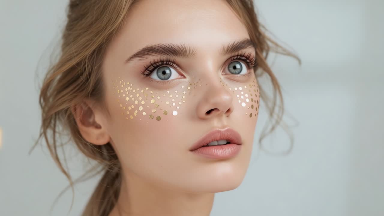 Opening model's eyes as clip starts, tilting face in studio showing gold dot makeup, bare shoulder