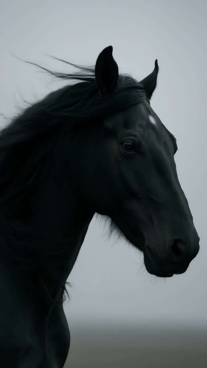 Dramatic side profile of a black horse with flowing mane, captured in a close-up angle