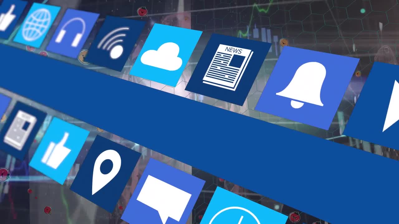 animación de cuadrados con iconos tecnológicos a través de una red de conexiones y gráficos