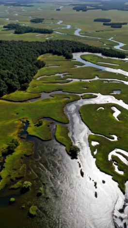 aerial view of winding river delta and lush green marshlands