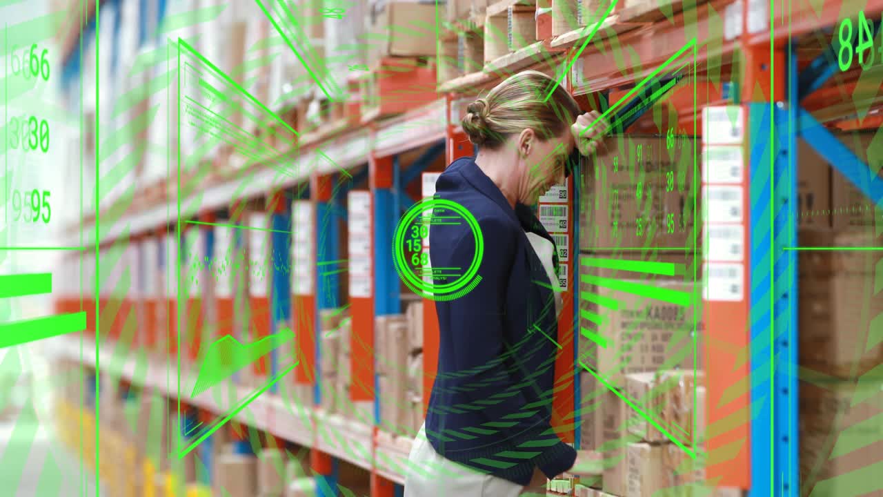 Warehouse manager walking aisle using AR overlay scanning barcode for inventory check selecting box
