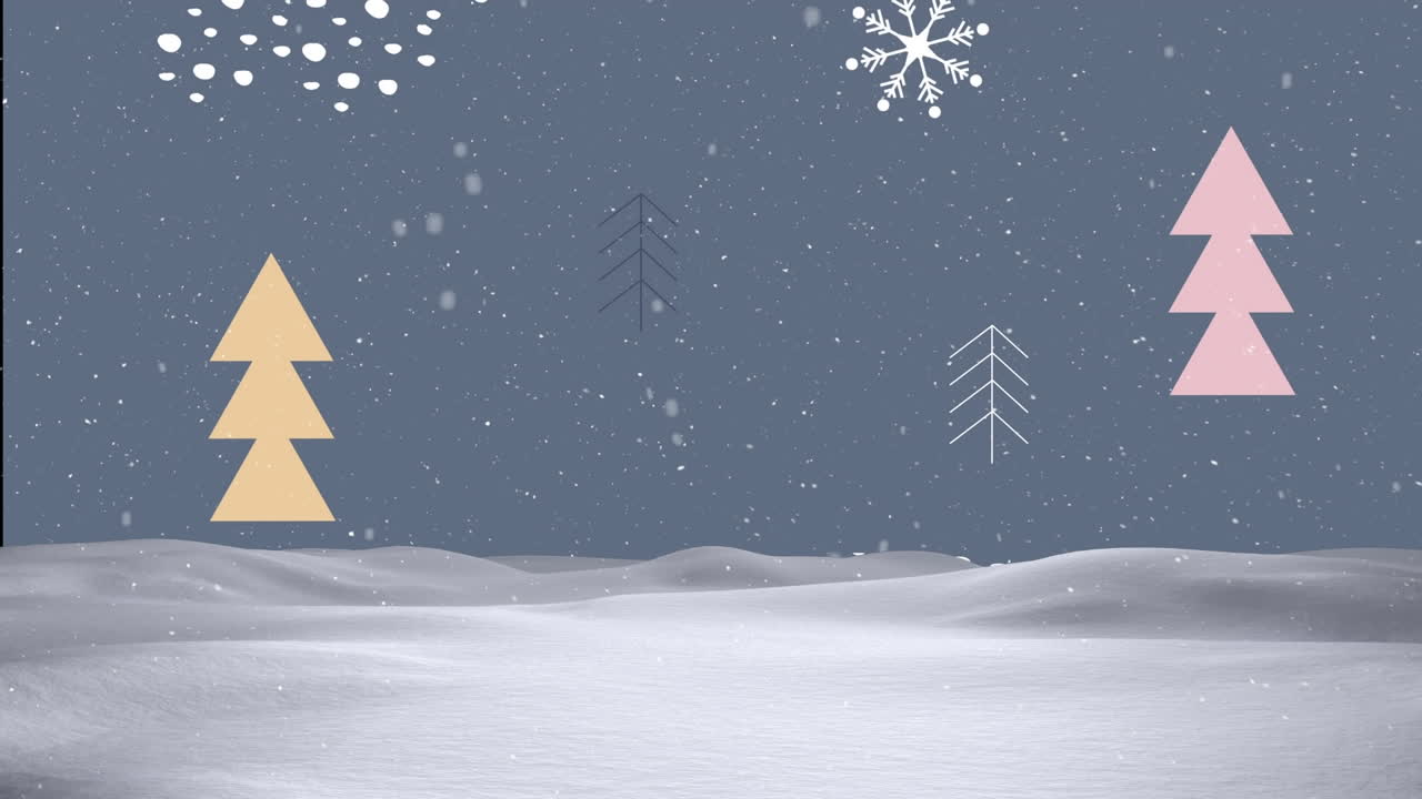 회색 배경에 크리스마스 트리 아이콘에 대한 겨울 풍경 위에 떨어지는 눈송이