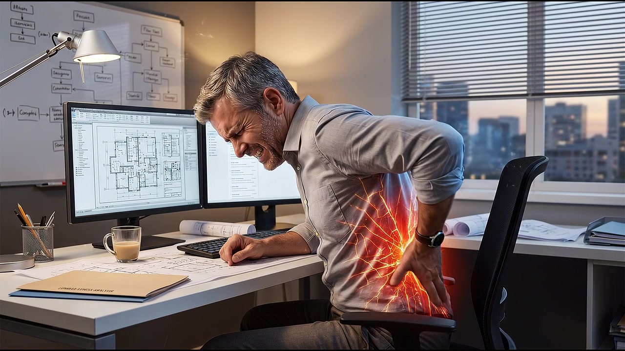 Person experiencing back neck or lower spine pain during work exercise or recovery activities