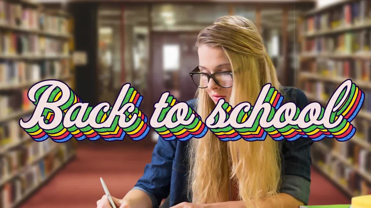 도서관에서 학생들의 학습에 대한 학교 복귀 텍스트의 애니메이션