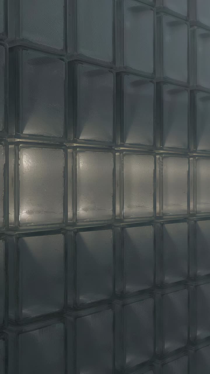 Vertical video: Showing glass block wall reacting to light switching on in hall, lower band glowing