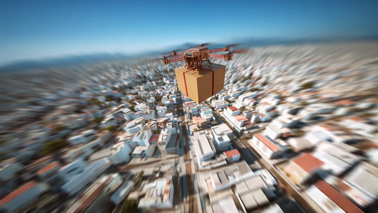 An Aerial View of a Drone Delivering a Package Over a Bustling Urban Landscape, Showcasing Modern Technology and Efficient Delivery Systems in Motion